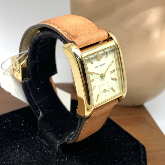 Tory Burch Women's Watch TBW1068 Tank Cream Dial Gold Quartz Brown Leather Band - Picture 14 of 14
